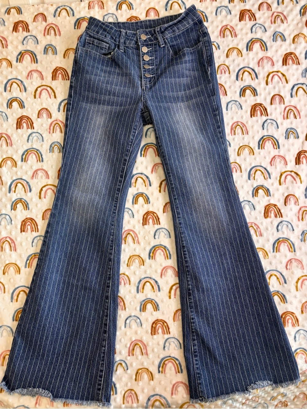 SHEIN Dark Blue Pinstripe Flare Raw Hem Jeans with Button Front